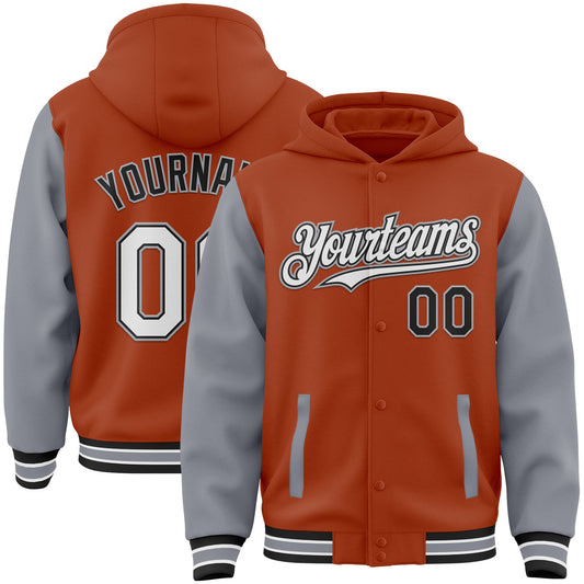 Custom Texas Orange Black-Gray Bomber Full-Snap Varsity Letterman Two Tone Hoodie Jacket - Main View