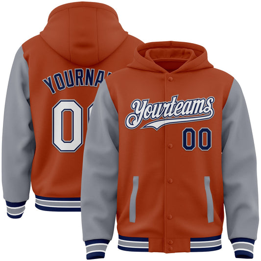 Custom Texas Orange Navy-Gray Bomber Full-Snap Varsity Letterman Two Tone Hoodie Jacket - Main View