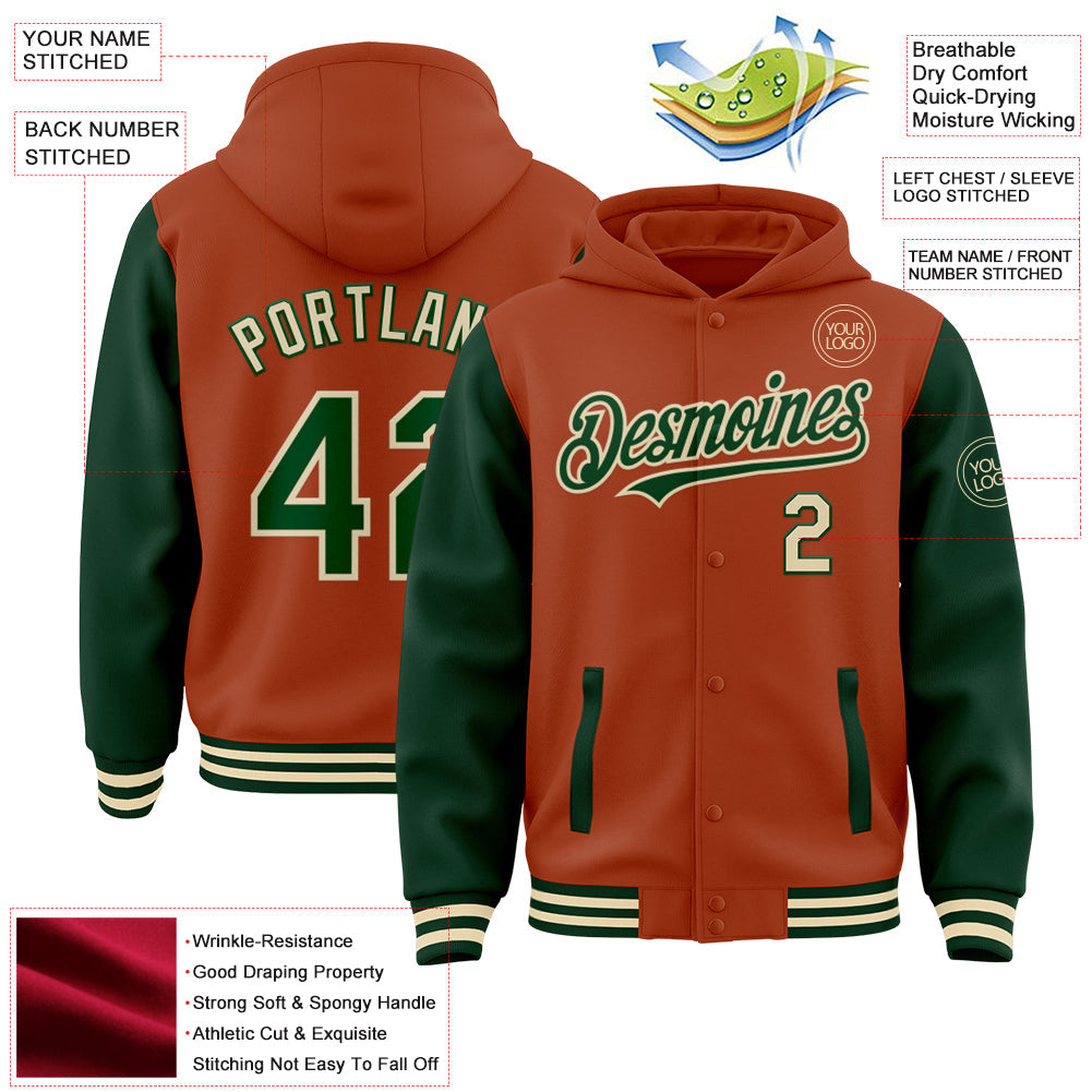 Custom Texas Orange Green-Cream Bomber Full-Snap Varsity Letterman Two Tone Hoodie Jacket view 3