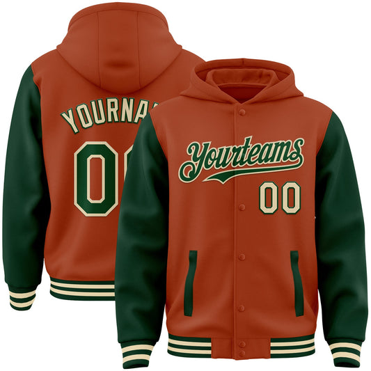 Custom Texas Orange Green-Cream Bomber Full-Snap Varsity Letterman Two Tone Hoodie Jacket - Main View