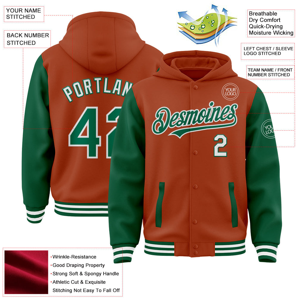 Custom Texas Orange Kelly Green-White Bomber Full-Snap Varsity Letterman Two Tone Hoodie Jacket view 3