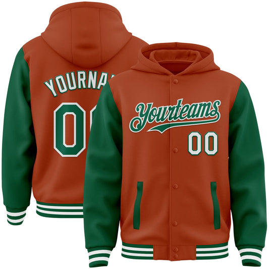 Custom Texas Orange Kelly Green-White Bomber Full-Snap Varsity Letterman Two Tone Hoodie Jacket - Main View