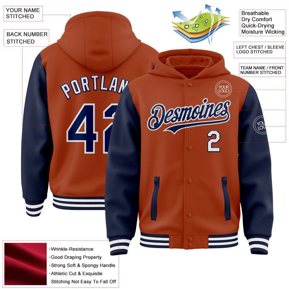 Custom Texas Orange Navy-White Bomber Full-Snap Varsity Letterman Two Tone Hoodie Jacket view 3