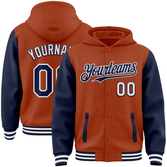 Custom Texas Orange Navy-White Bomber Full-Snap Varsity Letterman Two Tone Hoodie Jacket - Main View