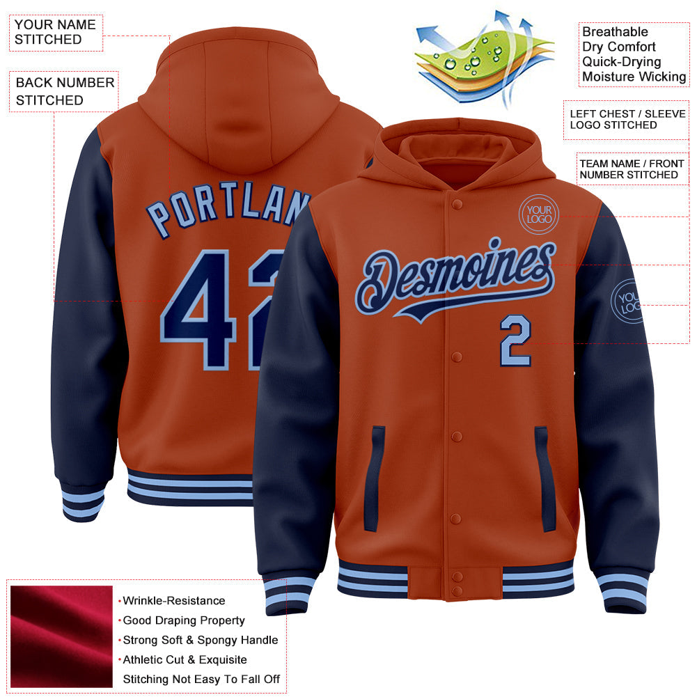 Custom Texas Orange Navy-Light Blue Bomber Full-Snap Varsity Letterman Two Tone Hoodie Jacket view 3