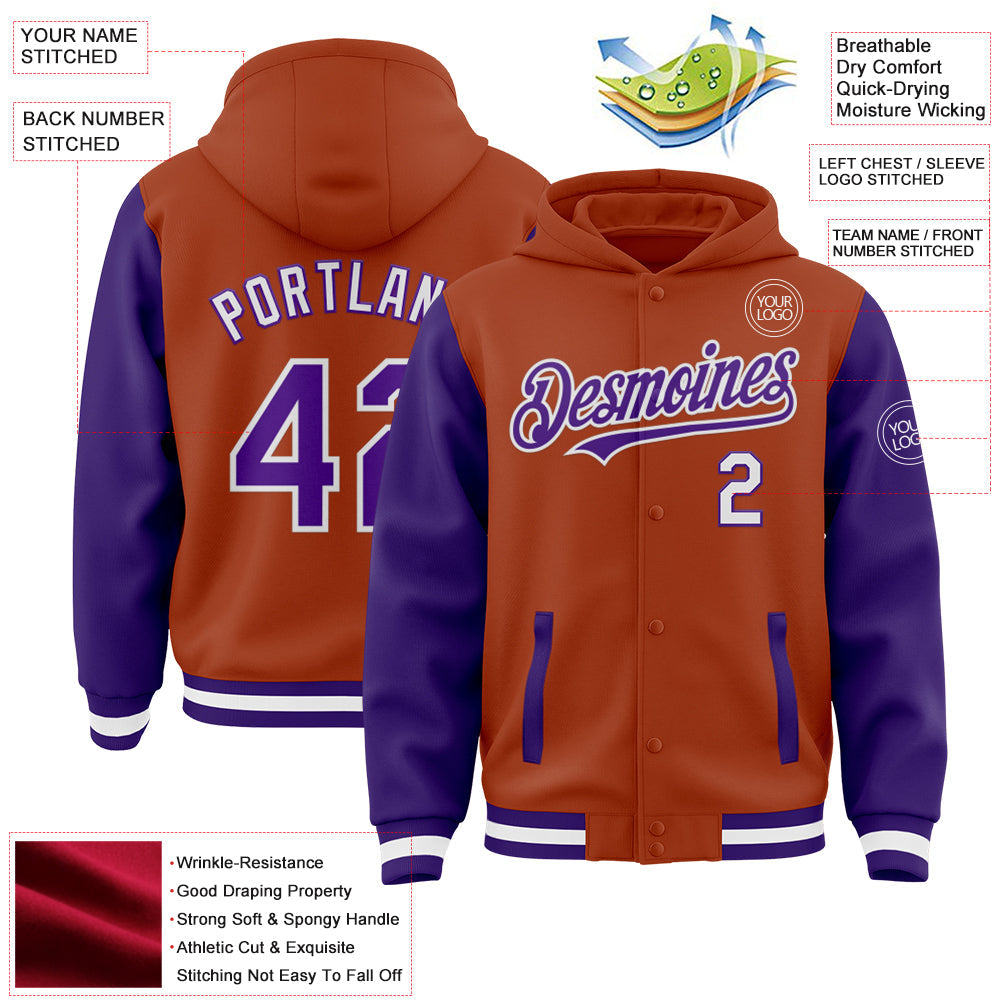 Custom Texas Orange Purple-White Bomber Full-Snap Varsity Letterman Two Tone Hoodie Jacket view 3