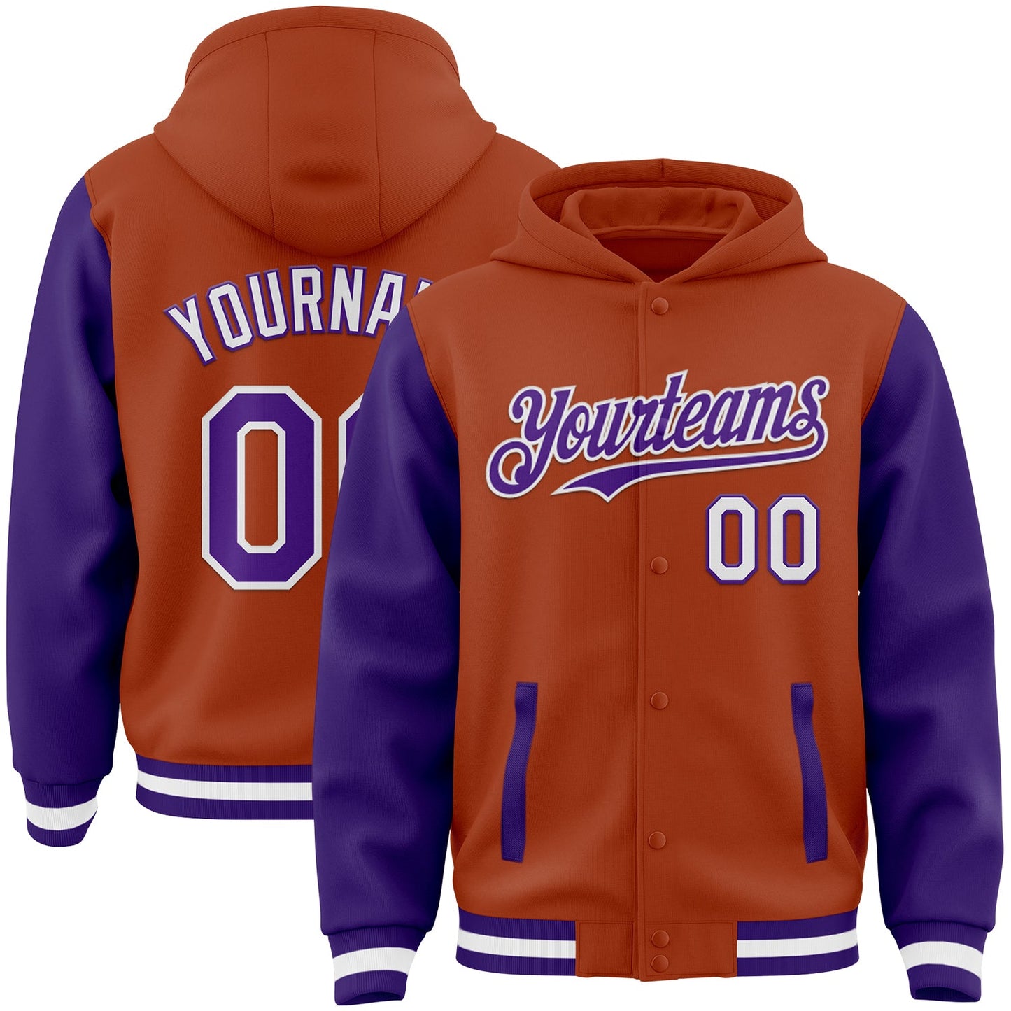Custom Texas Orange Purple-White Bomber Full-Snap Varsity Letterman Two Tone Hoodie Jacket - Main View