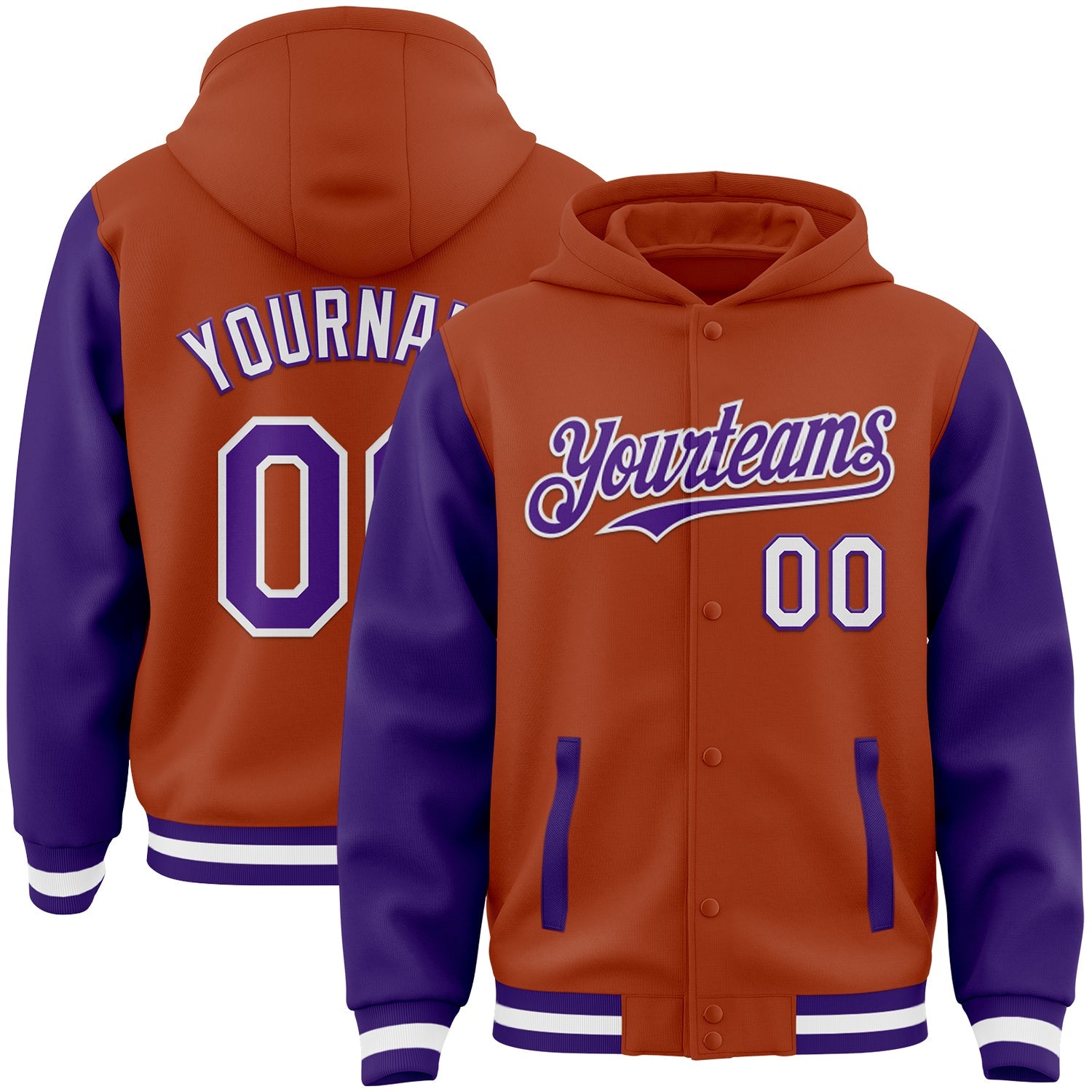 Custom Texas Orange Purple-White Bomber Full-Snap Varsity Letterman Two Tone Hoodie Jacket - Main View