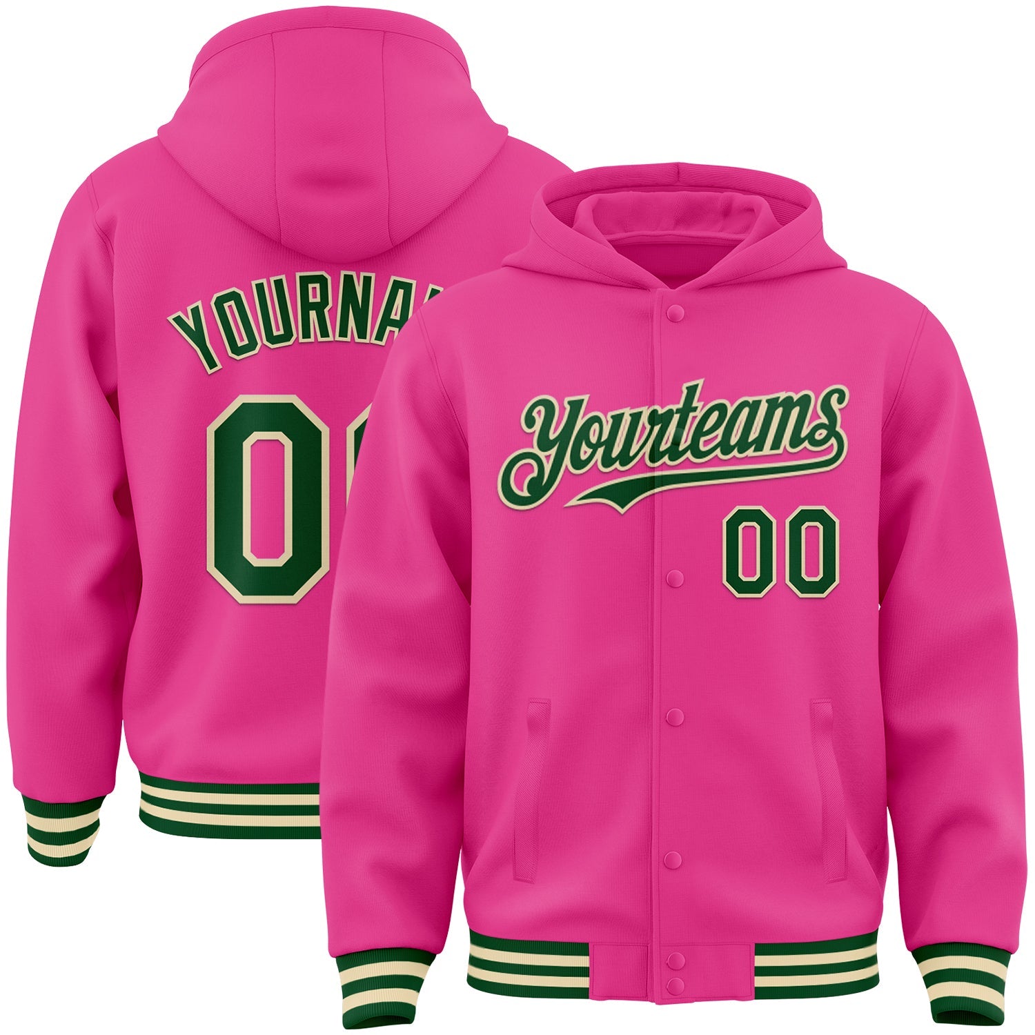 Custom Pink Green-Cream Bomber Full-Snap Varsity Letterman Hoodie Jacket - Main View