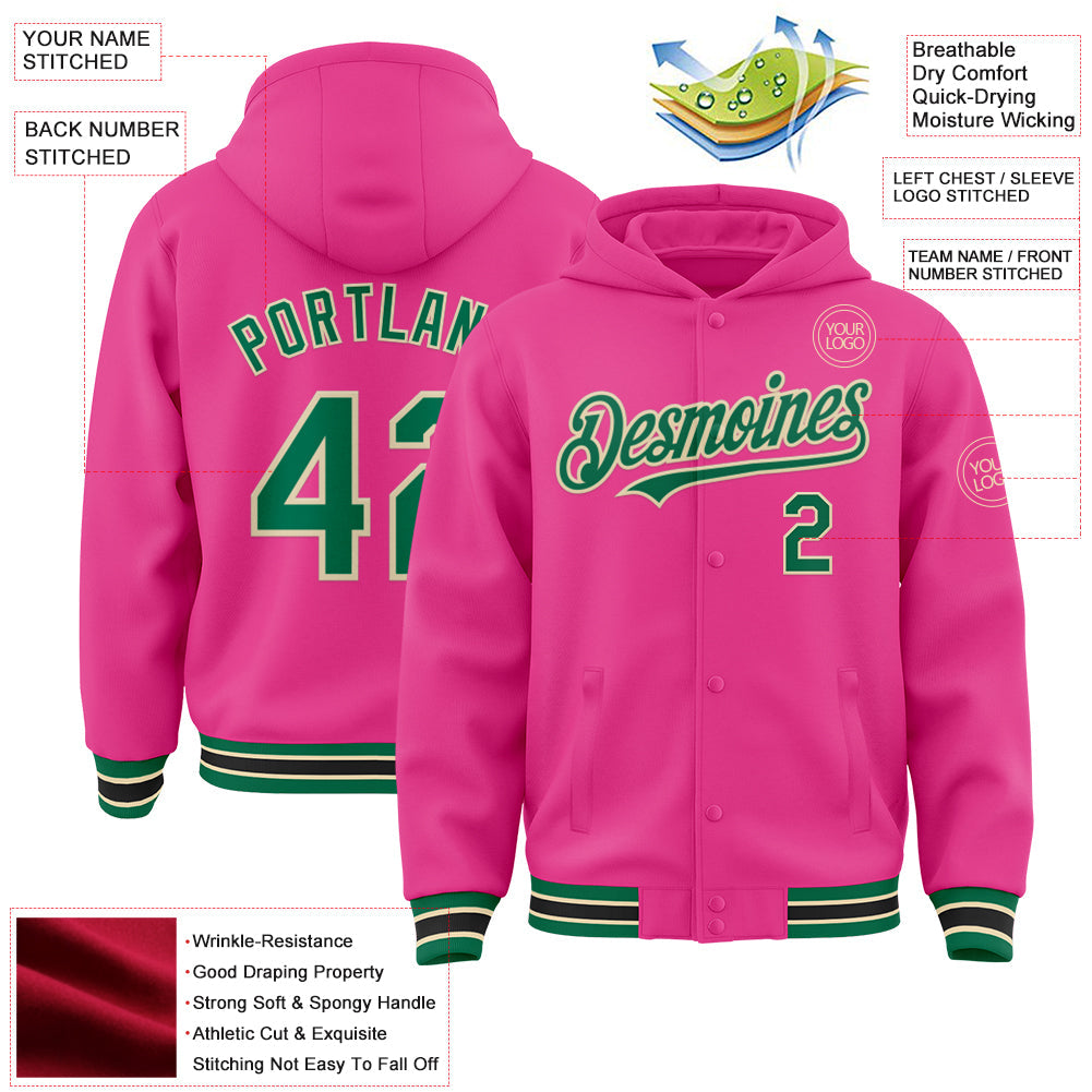 Custom Pink Kelly Green-Cream Bomber Full-Snap Varsity Letterman Hoodie Jacket view 3