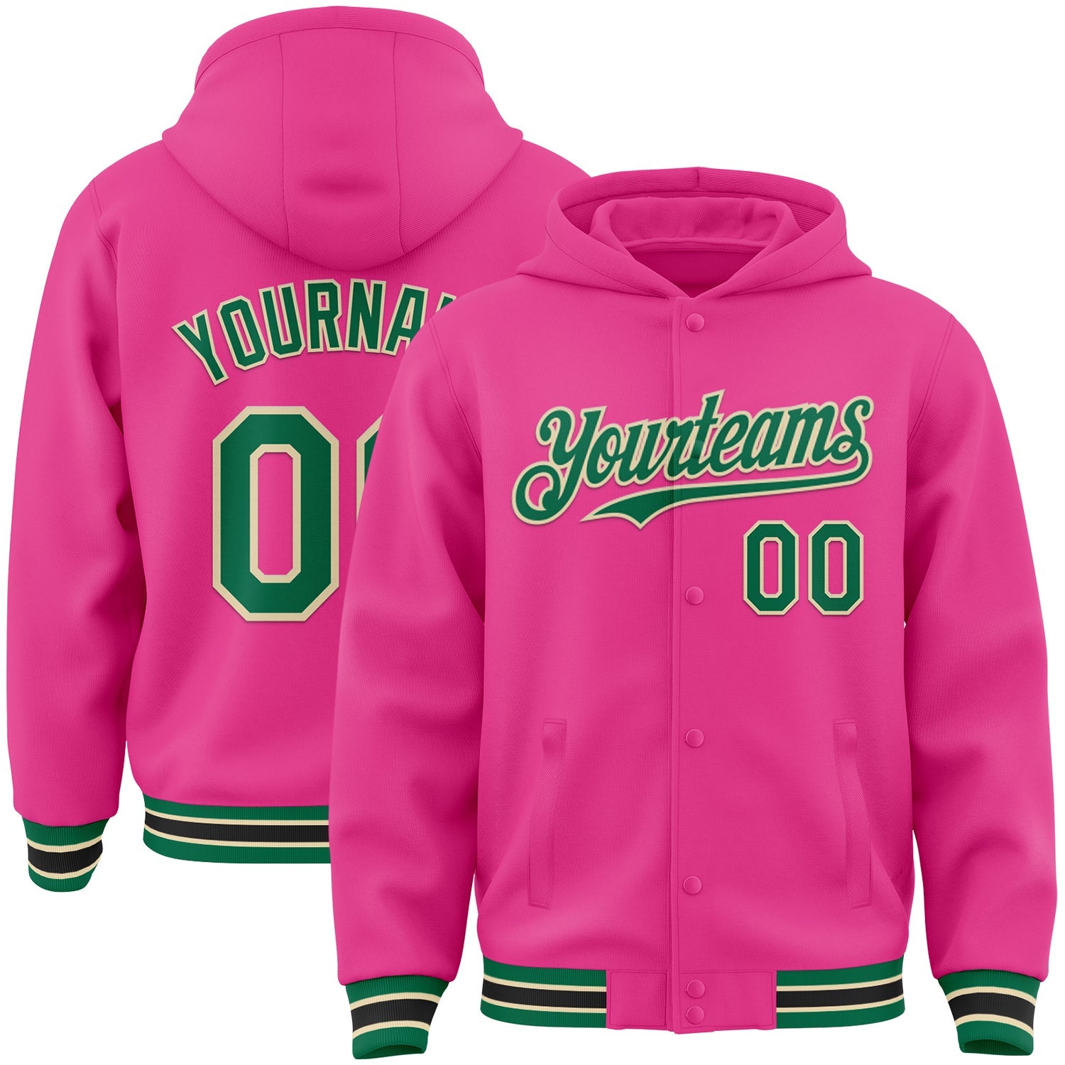Custom Pink Kelly Green-Cream Bomber Full-Snap Varsity Letterman Hoodie Jacket - Main View