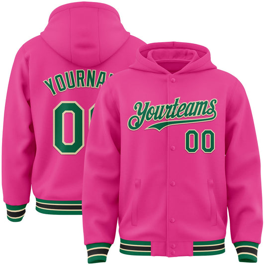 Custom Pink Kelly Green-Cream Bomber Full-Snap Varsity Letterman Hoodie Jacket - Main View