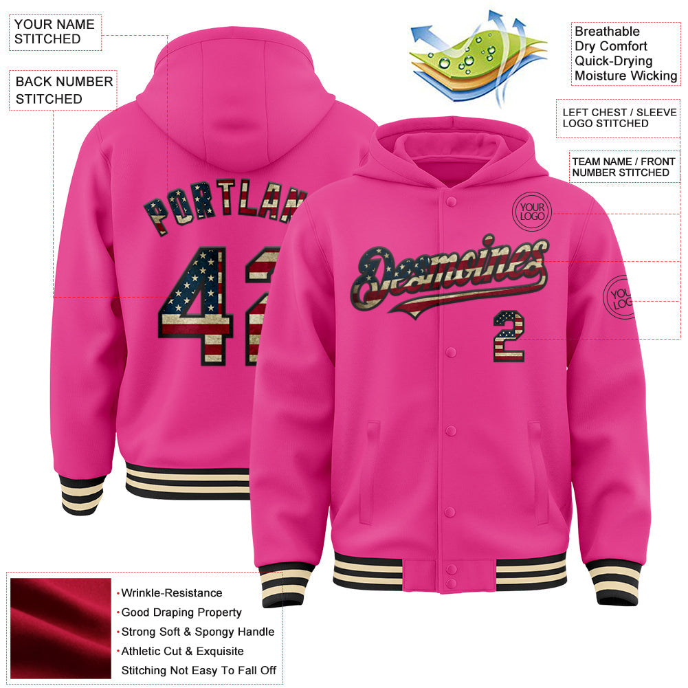 Custom Pink Vintage USA Flag Black-Cream Bomber Full-Snap Varsity Letterman Hoodie Jacket view 3