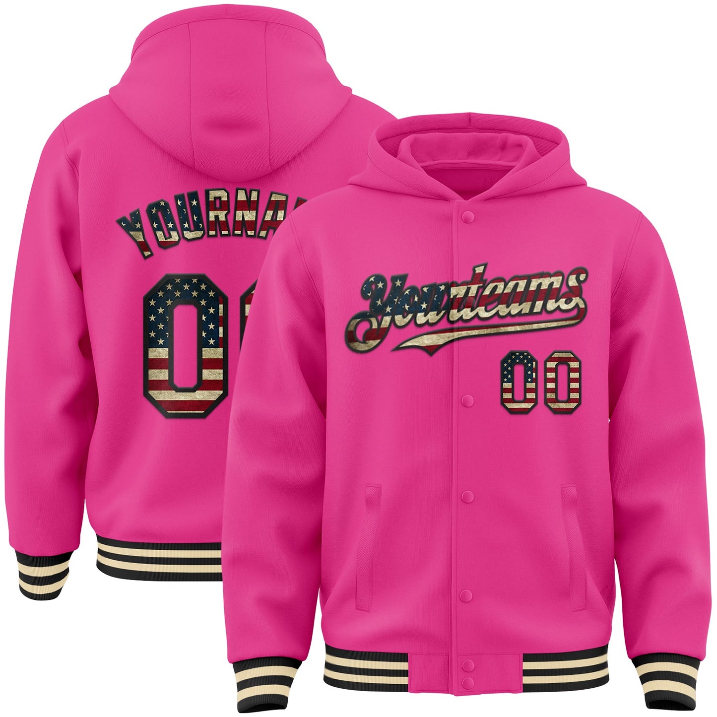 Custom Pink Vintage USA Flag Black-Cream Bomber Full-Snap Varsity Letterman Hoodie Jacket - Main View