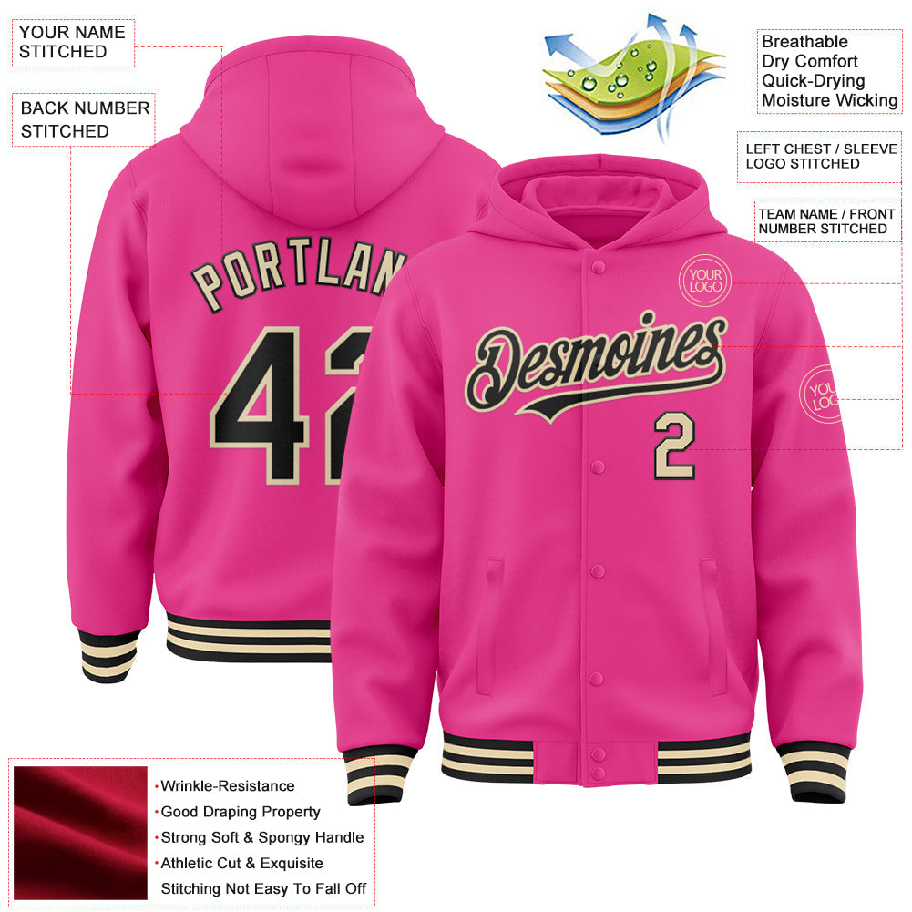 Custom Pink Black-Cream Bomber Full-Snap Varsity Letterman Hoodie Jacket view 3