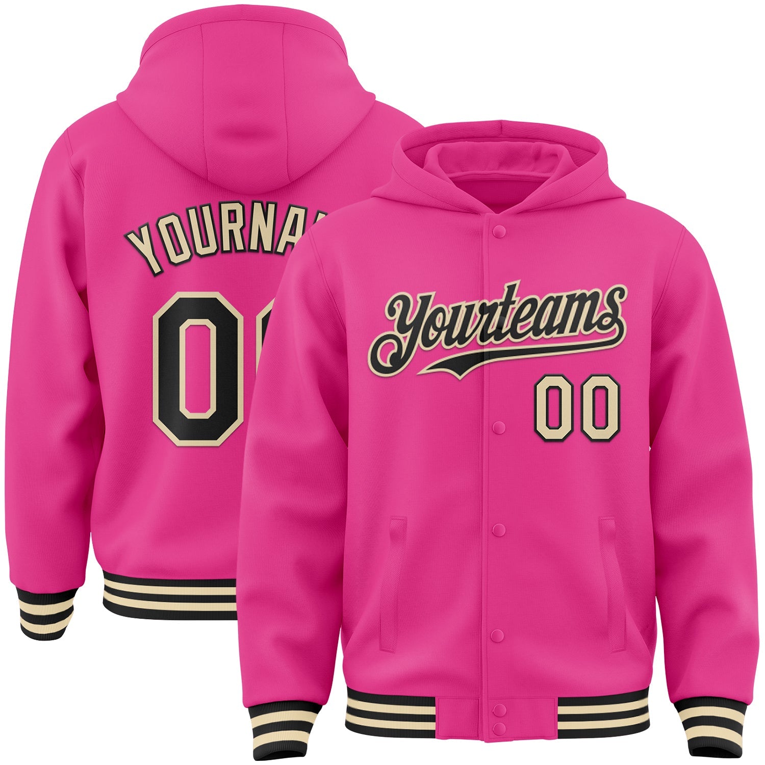 Custom Pink Black-Cream Bomber Full-Snap Varsity Letterman Hoodie Jacket - Main View
