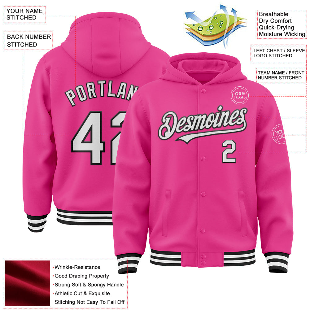 Custom Pink White-Black Bomber Full-Snap Varsity Letterman Hoodie Jacket view 3