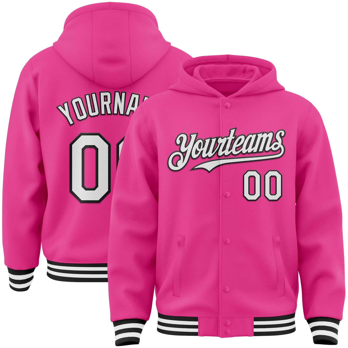 Custom Pink White-Black Bomber Full-Snap Varsity Letterman Hoodie Jacket - Main View