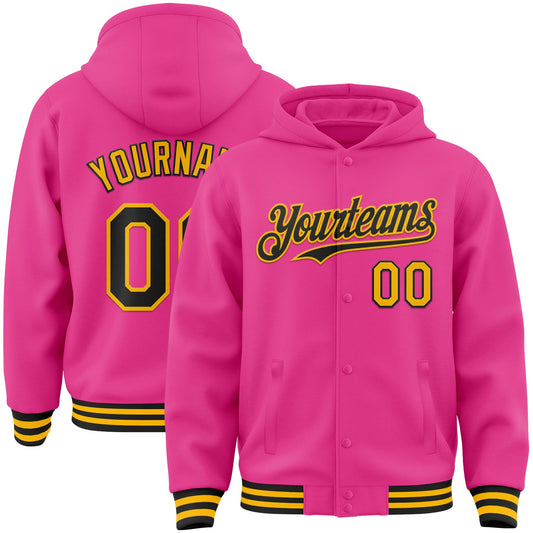 Custom Pink Black-Gold Bomber Full-Snap Varsity Letterman Hoodie Jacket - Main View