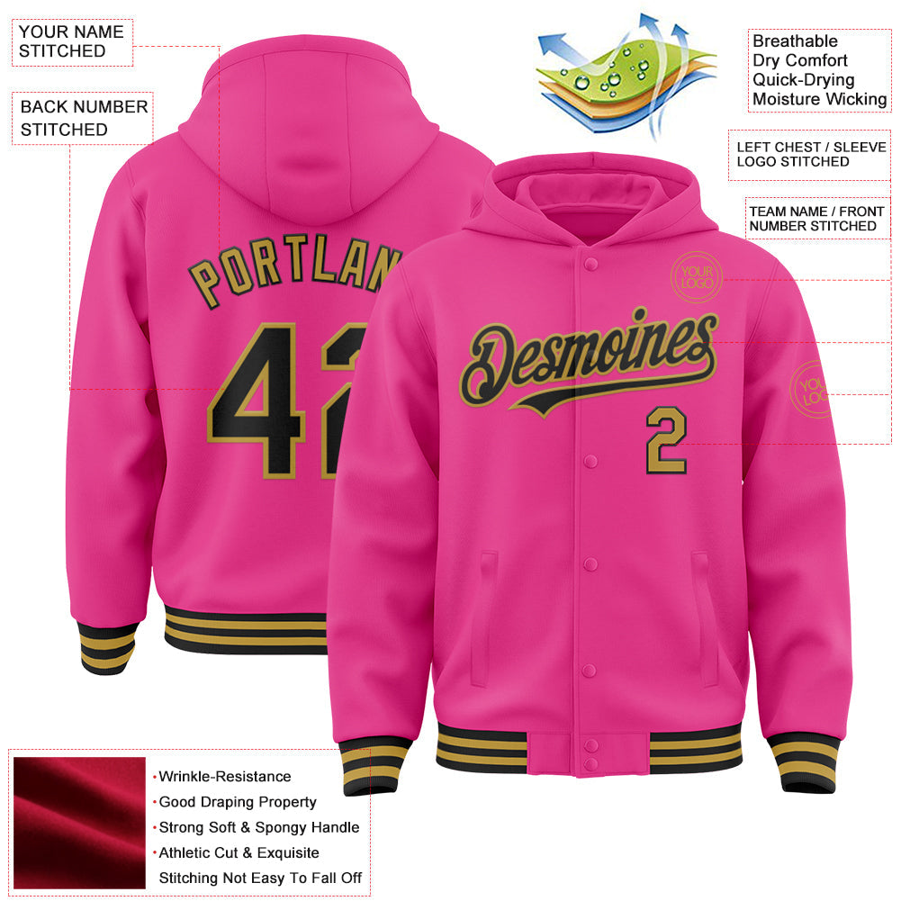 Custom Pink Black-Old Gold Bomber Full-Snap Varsity Letterman Hoodie Jacket view 3