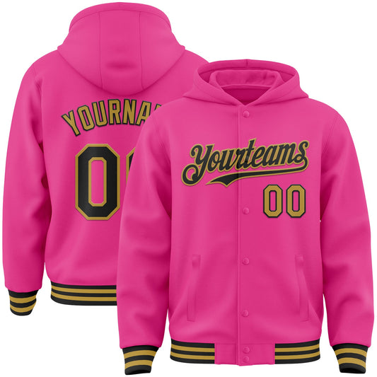 Custom Pink Black-Old Gold Bomber Full-Snap Varsity Letterman Hoodie Jacket - Main View