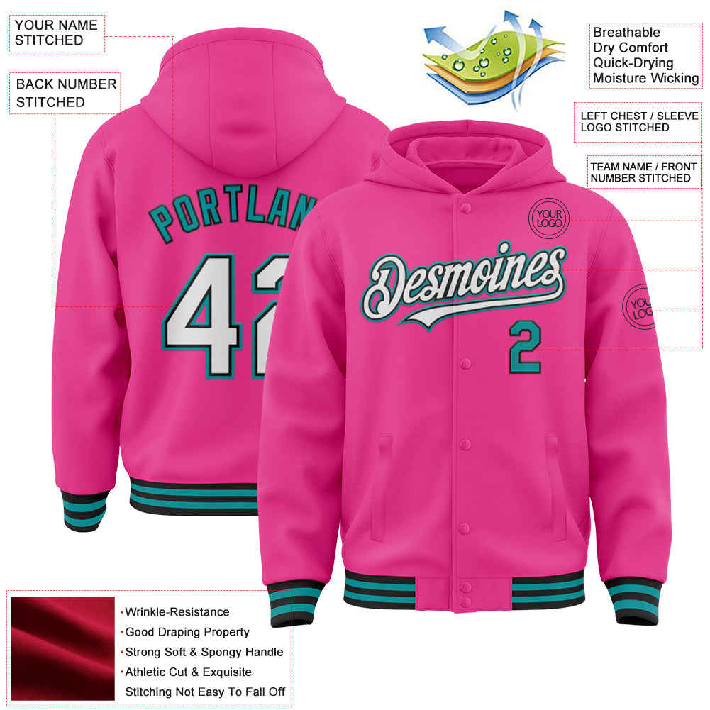 Custom Pink Black-Teal Bomber Full-Snap Varsity Letterman Hoodie Jacket view 3