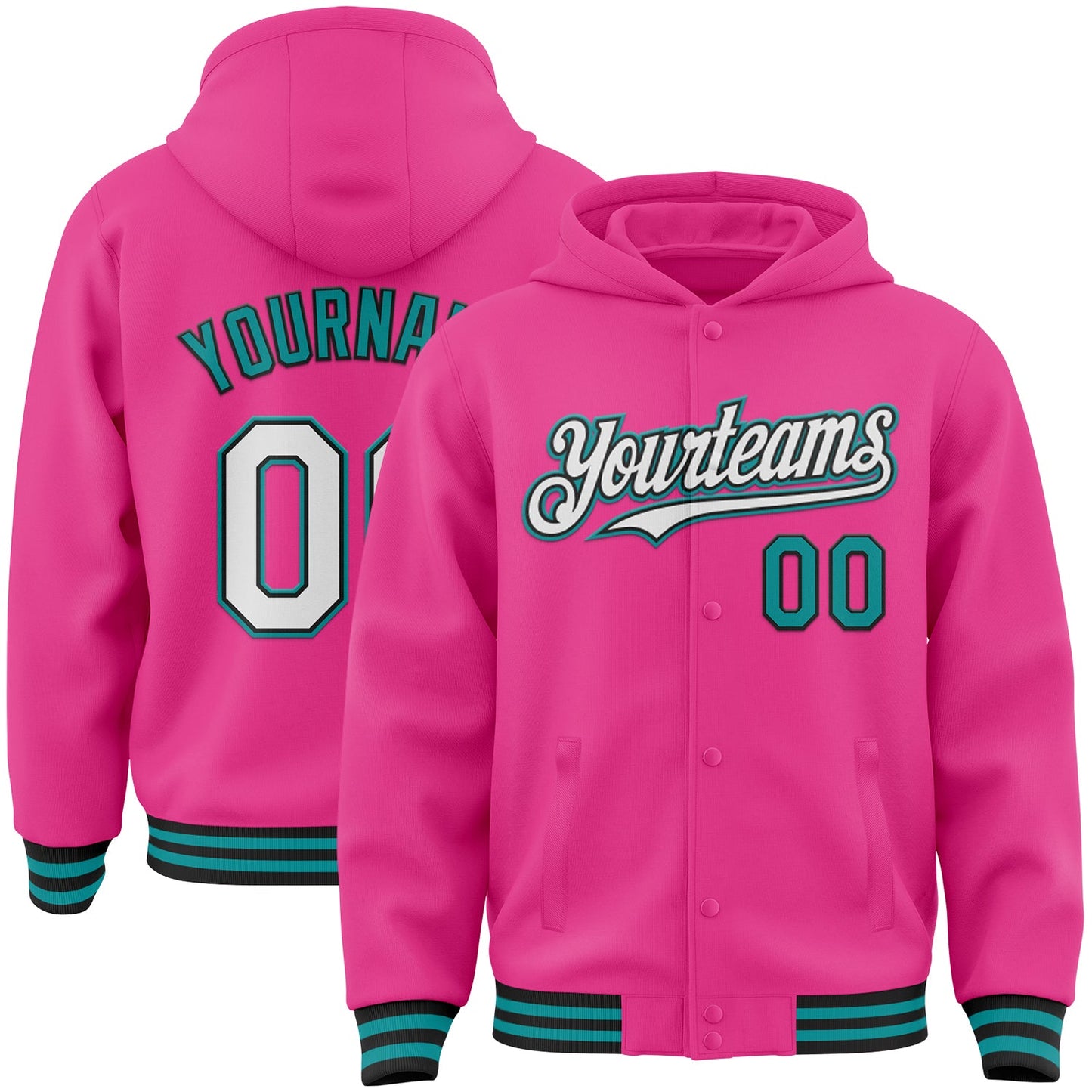 Custom Pink Black-Teal Bomber Full-Snap Varsity Letterman Hoodie Jacket - Main View