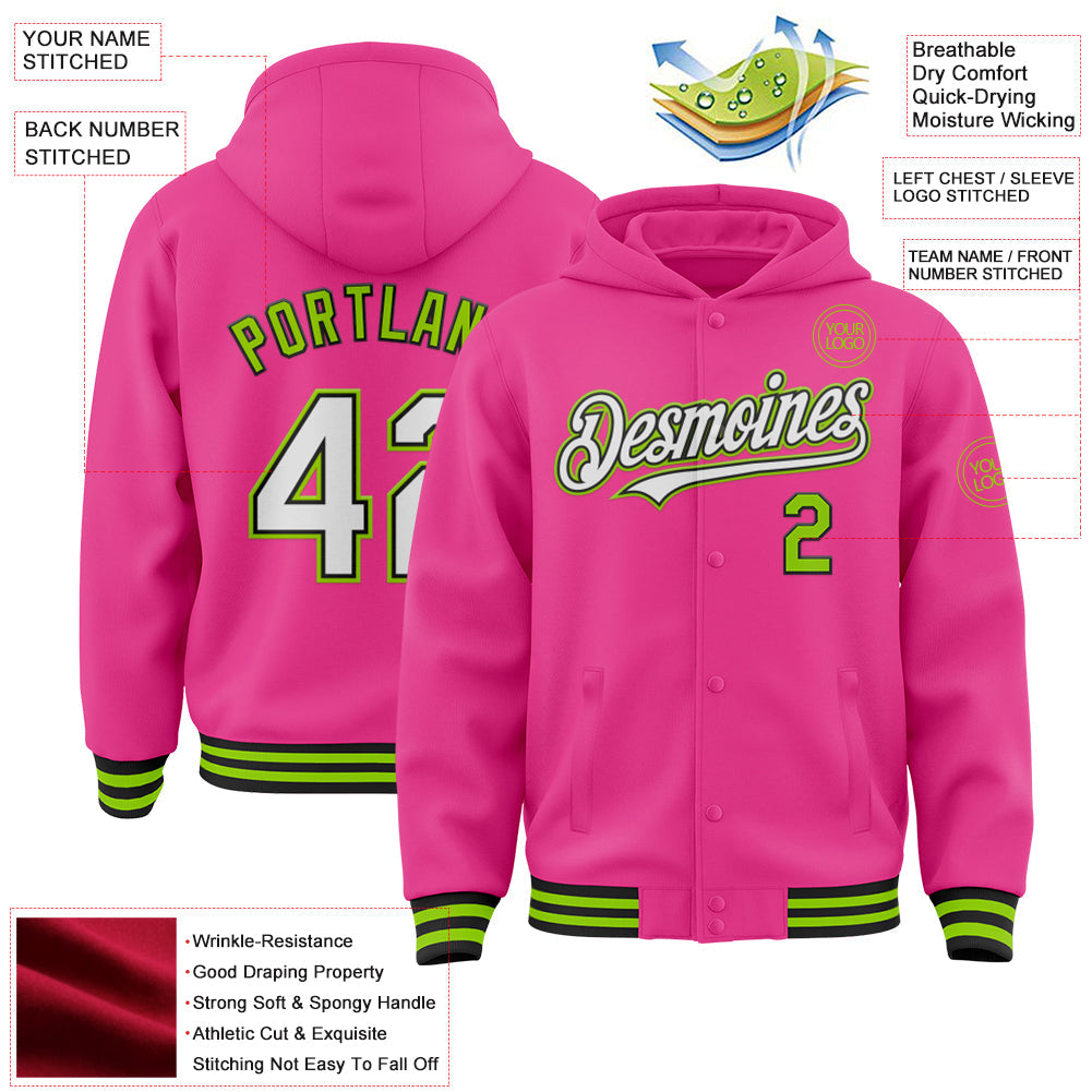 Custom Pink Black-Neon Green Bomber Full-Snap Varsity Letterman Hoodie Jacket view 3