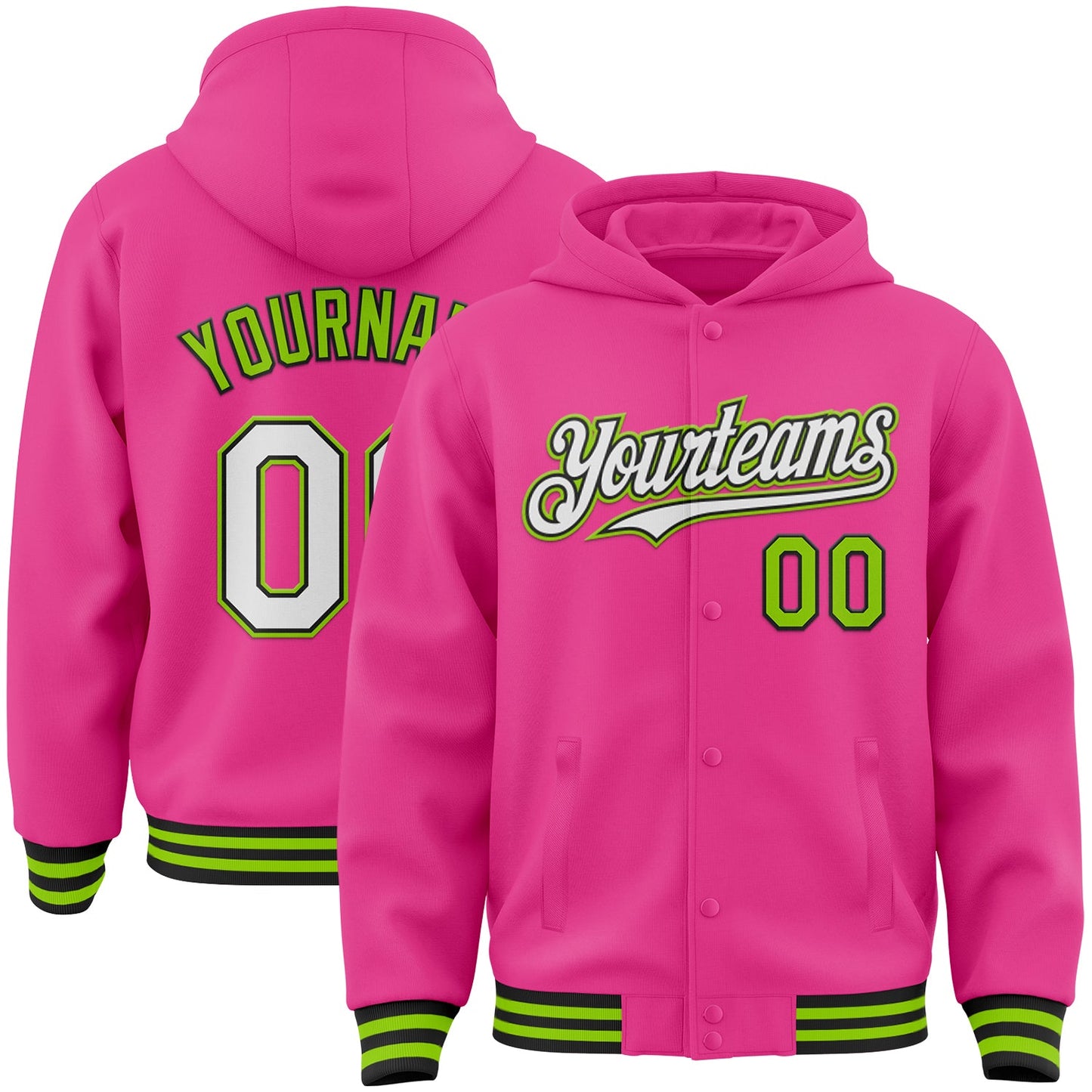 Custom Pink Black-Neon Green Bomber Full-Snap Varsity Letterman Hoodie Jacket - Main View