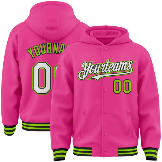 Custom Pink Black-Neon Green Bomber Full-Snap Varsity Letterman Hoodie Jacket - Main View