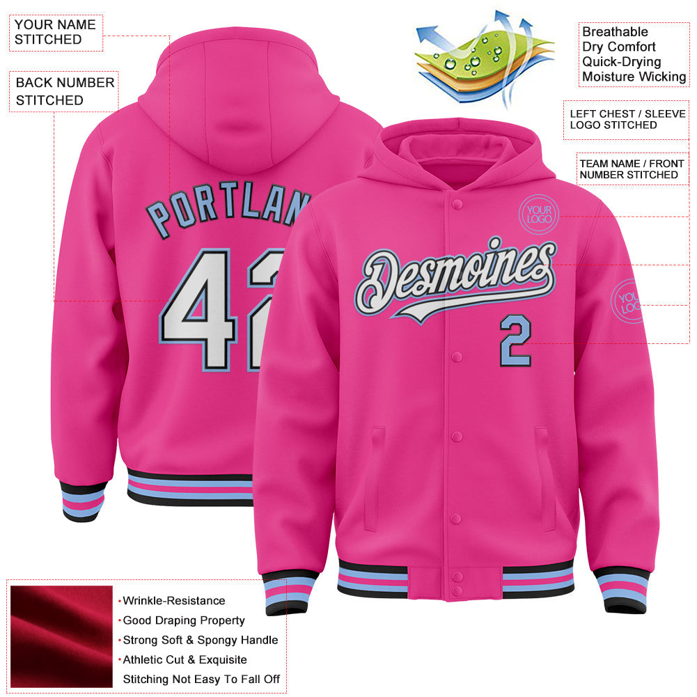 Custom Pink Black-Light Blue Bomber Full-Snap Varsity Letterman Hoodie Jacket view 3