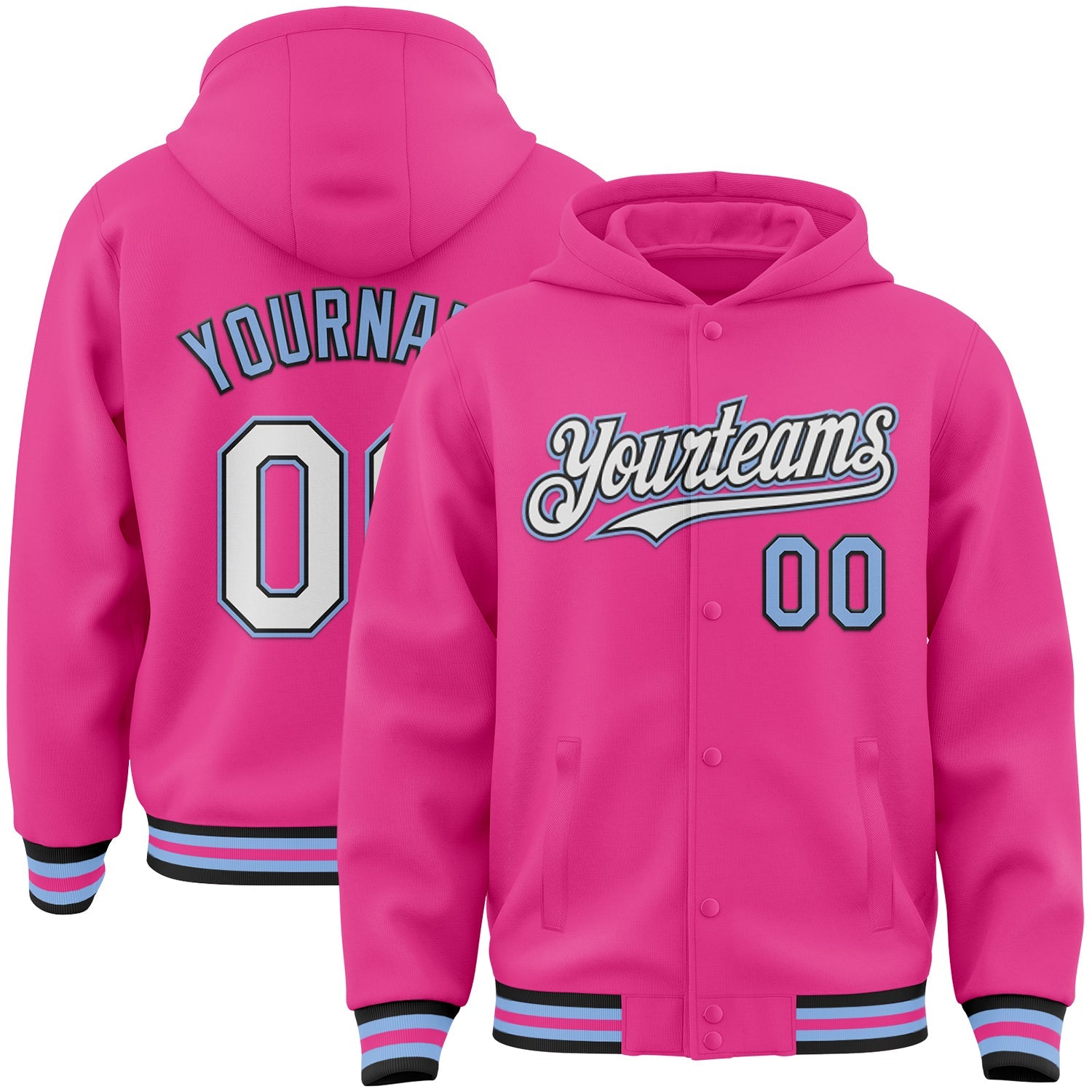 Custom Pink Black-Light Blue Bomber Full-Snap Varsity Letterman Hoodie Jacket - Main View