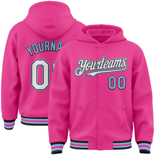 Custom Pink Black-Light Blue Bomber Full-Snap Varsity Letterman Hoodie Jacket - Main View