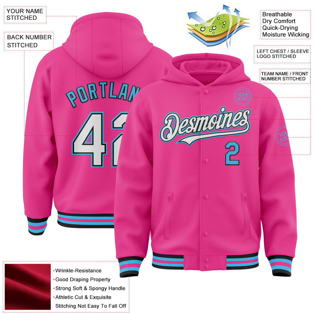 Custom Pink Black-Sky Blue Bomber Full-Snap Varsity Letterman Hoodie Jacket view 3