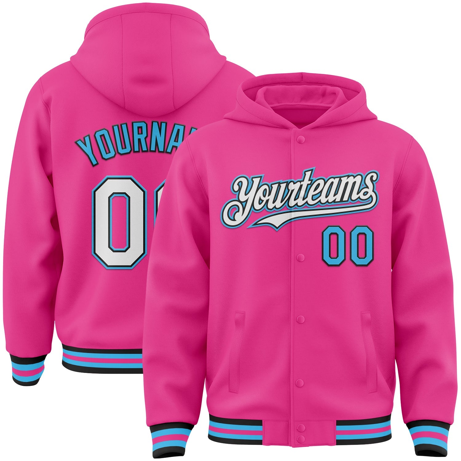 Custom Pink Black-Sky Blue Bomber Full-Snap Varsity Letterman Hoodie Jacket - Main View