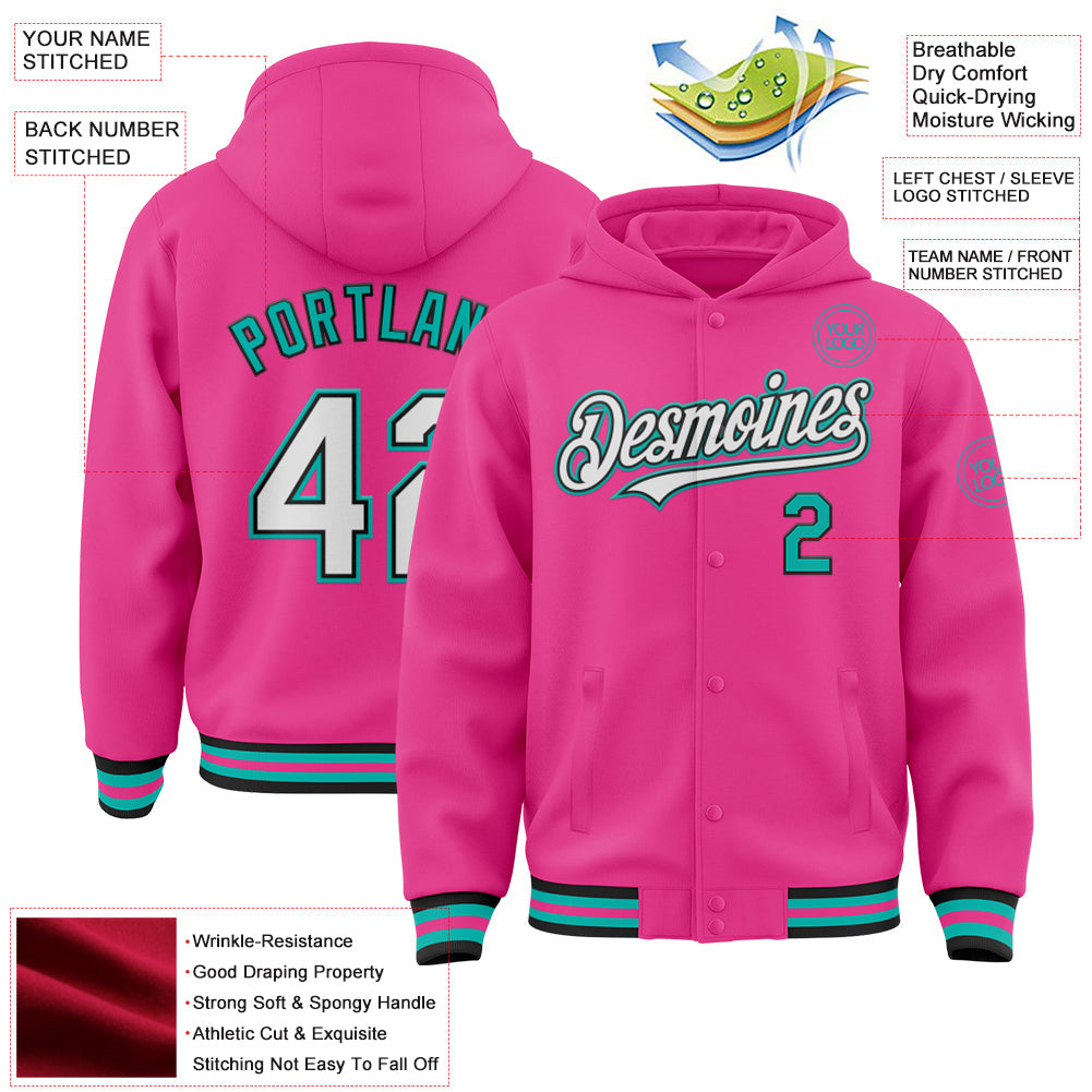 Custom Pink Black-Aqua Bomber Full-Snap Varsity Letterman Hoodie Jacket view 3