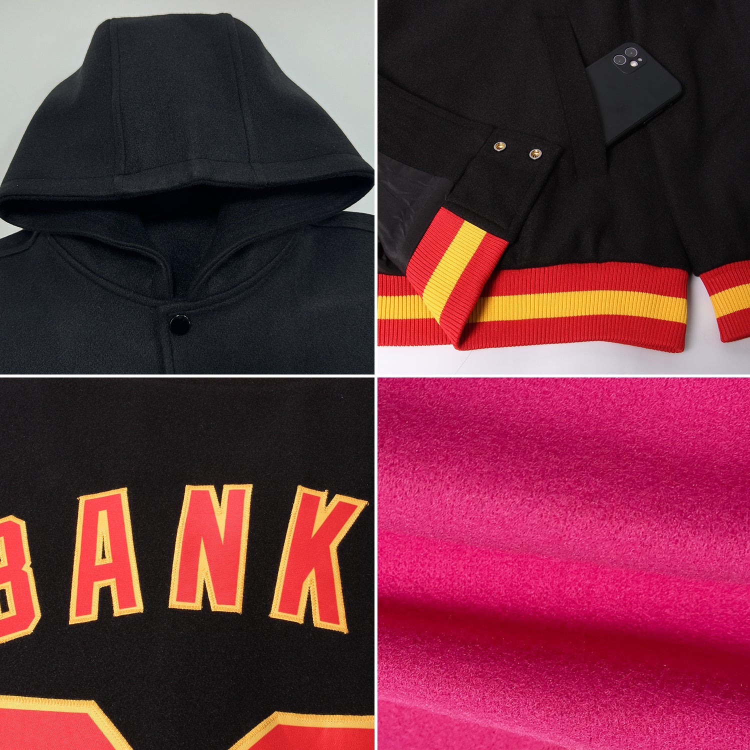 Custom Pink Red-White Bomber Full-Snap Varsity Letterman Hoodie Jacket view 2