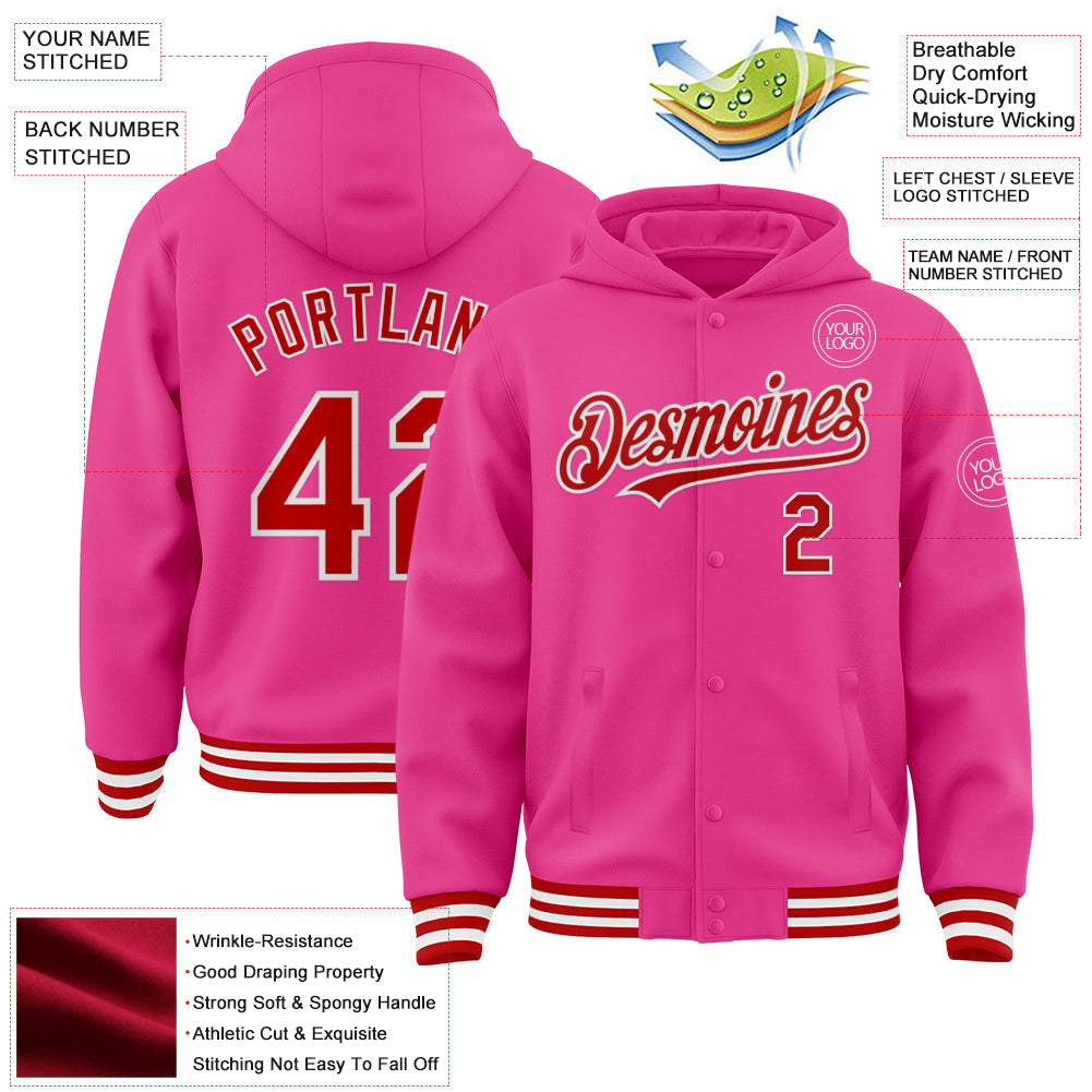 Custom Pink Red-White Bomber Full-Snap Varsity Letterman Hoodie Jacket view 3