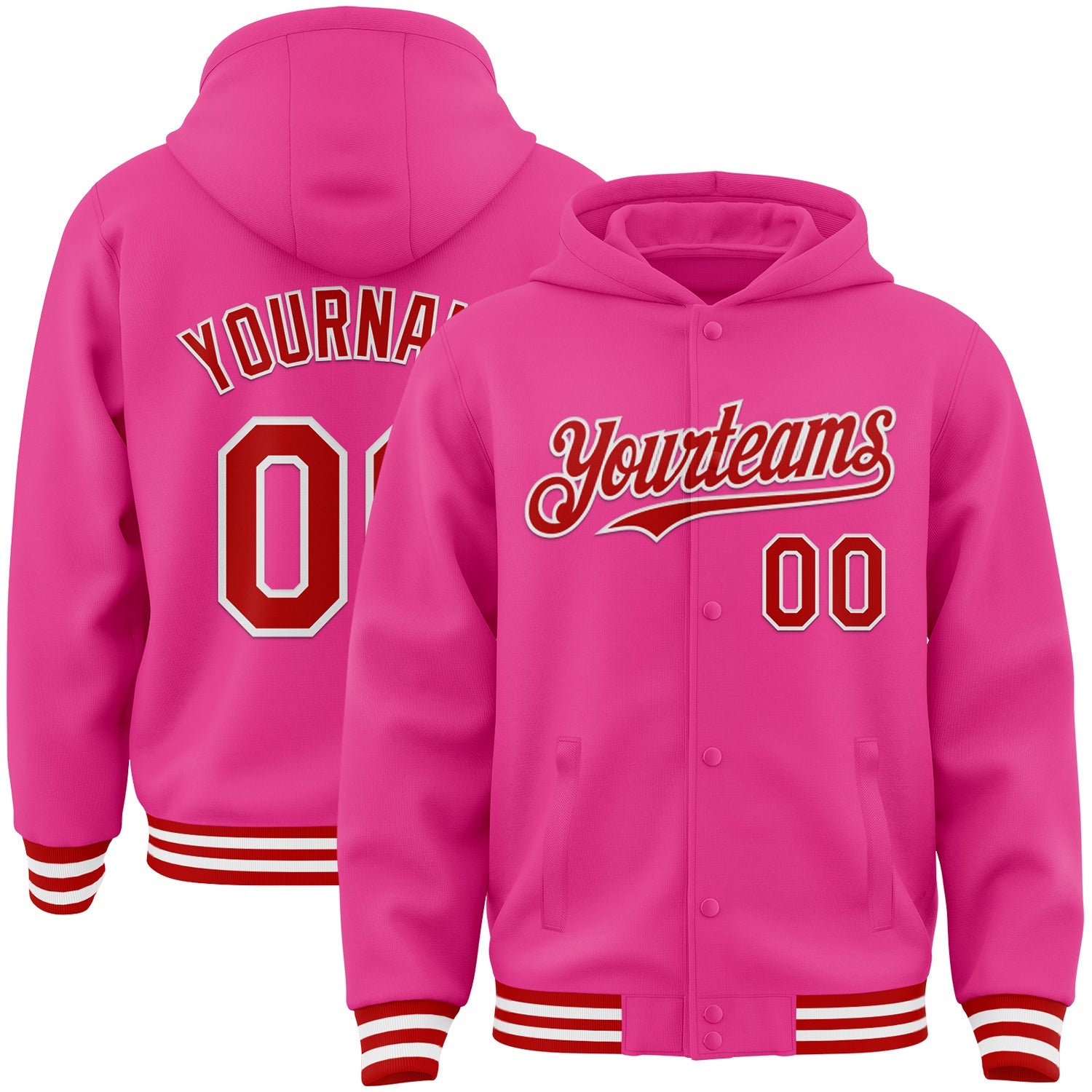Custom Pink Red-White Bomber Full-Snap Varsity Letterman Hoodie Jacket - Main View