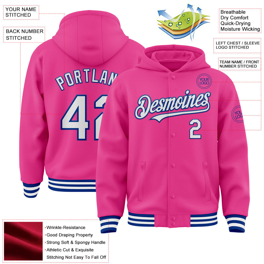 Custom Pink White-Royal Bomber Full-Snap Varsity Letterman Hoodie Jacket view 3