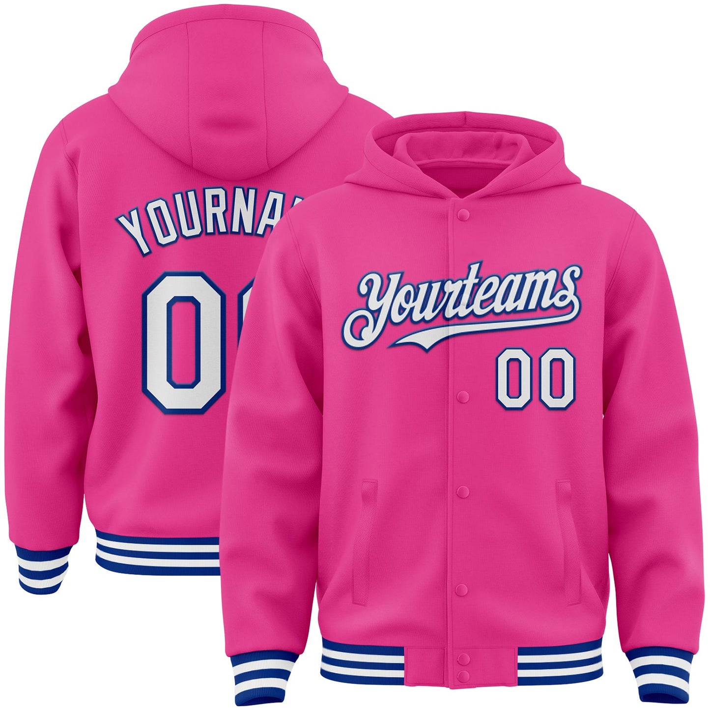 Custom Pink White-Royal Bomber Full-Snap Varsity Letterman Hoodie Jacket - Main View