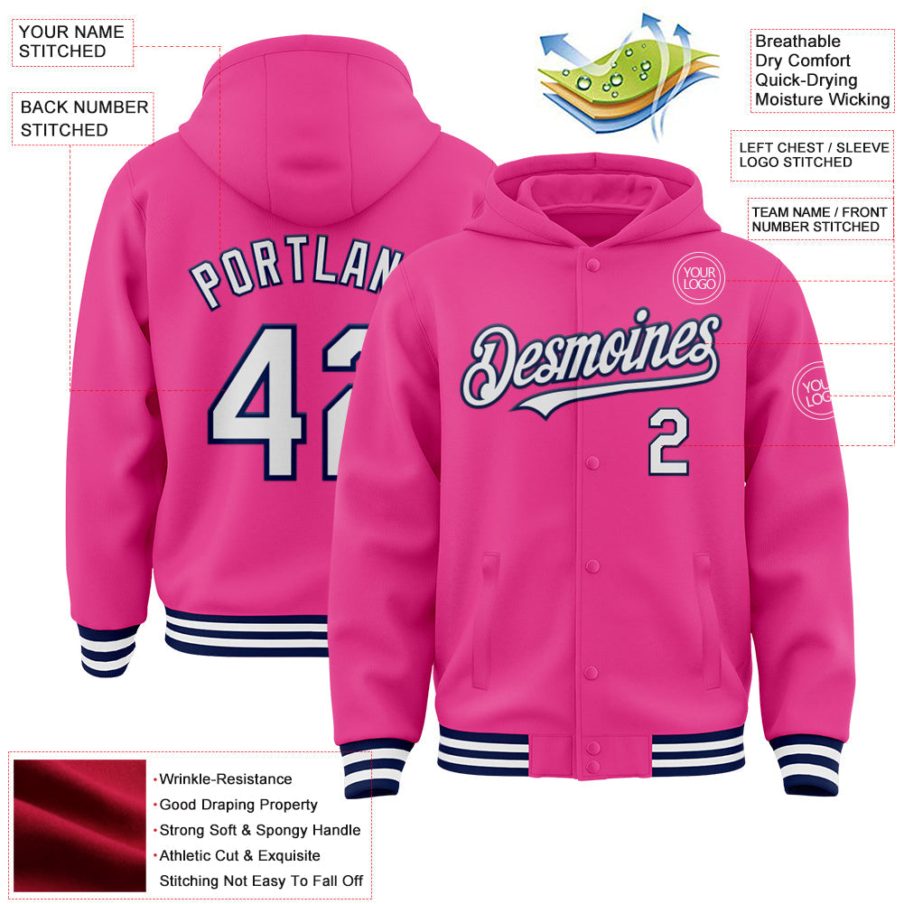 Custom Pink White-Navy Bomber Full-Snap Varsity Letterman Hoodie Jacket view 3