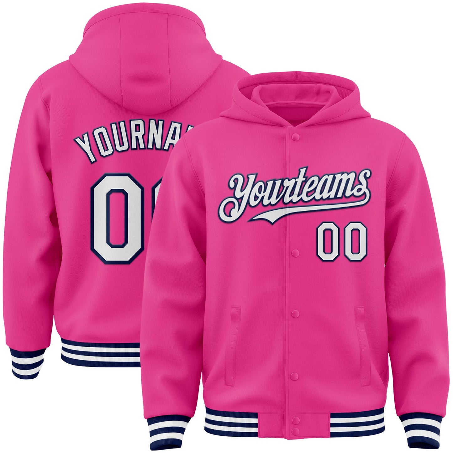 Custom Pink White-Navy Bomber Full-Snap Varsity Letterman Hoodie Jacket - Main View