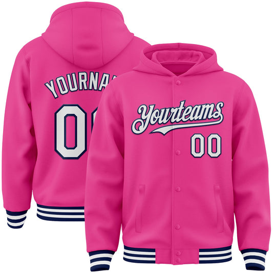 Custom Pink White-Navy Bomber Full-Snap Varsity Letterman Hoodie Jacket - Main View