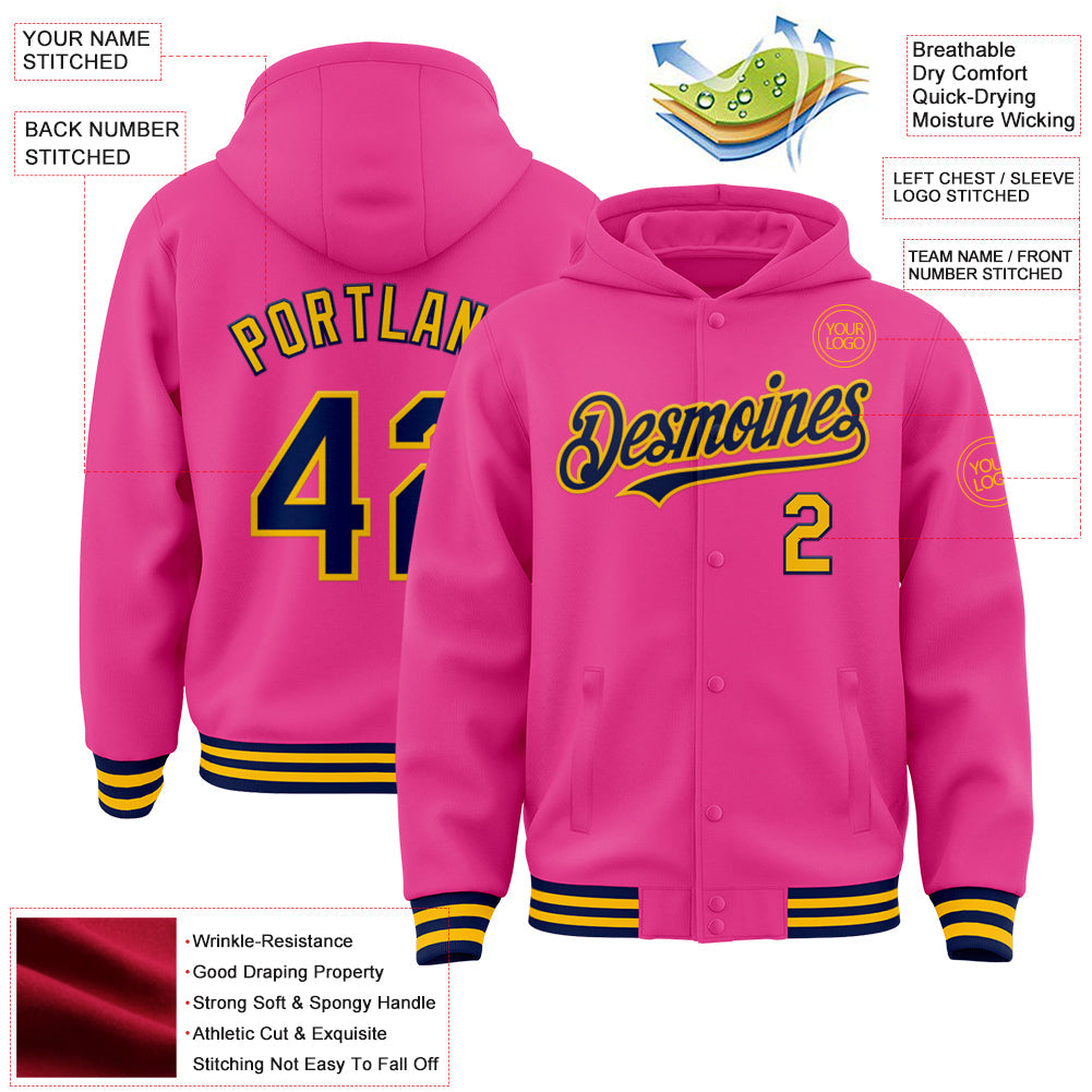 Custom Pink Navy-Gold Bomber Full-Snap Varsity Letterman Hoodie Jacket view 3
