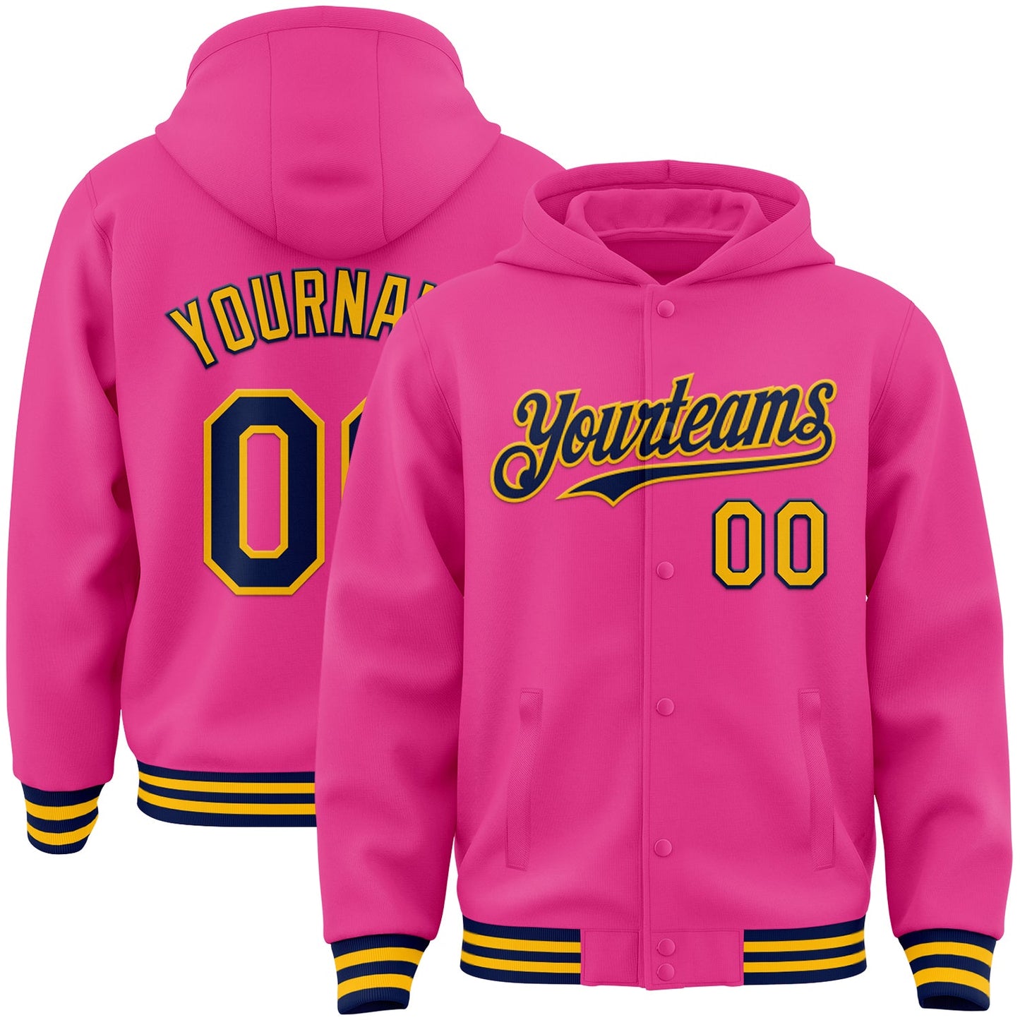 Custom Pink Navy-Gold Bomber Full-Snap Varsity Letterman Hoodie Jacket - Main View