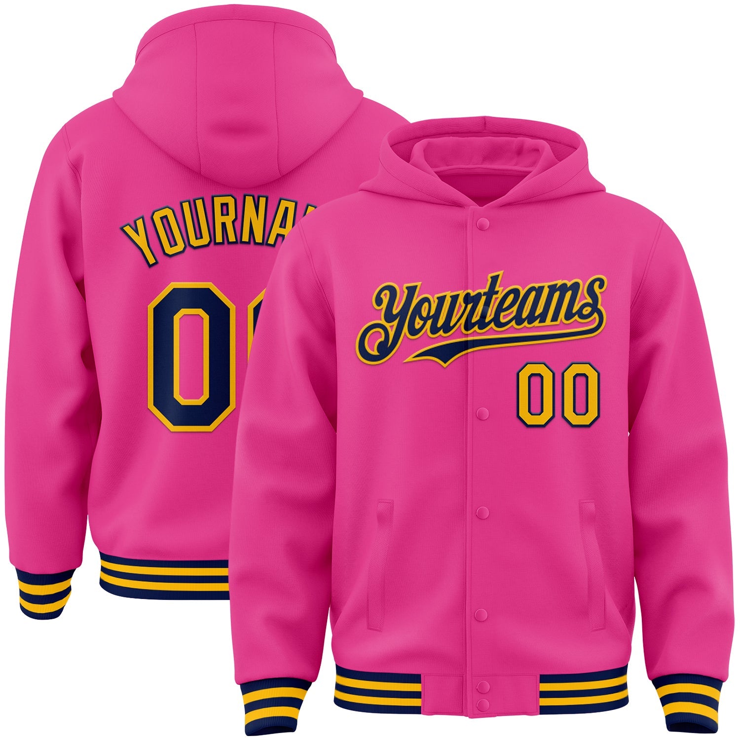 Custom Pink Navy-Gold Bomber Full-Snap Varsity Letterman Hoodie Jacket - Main View