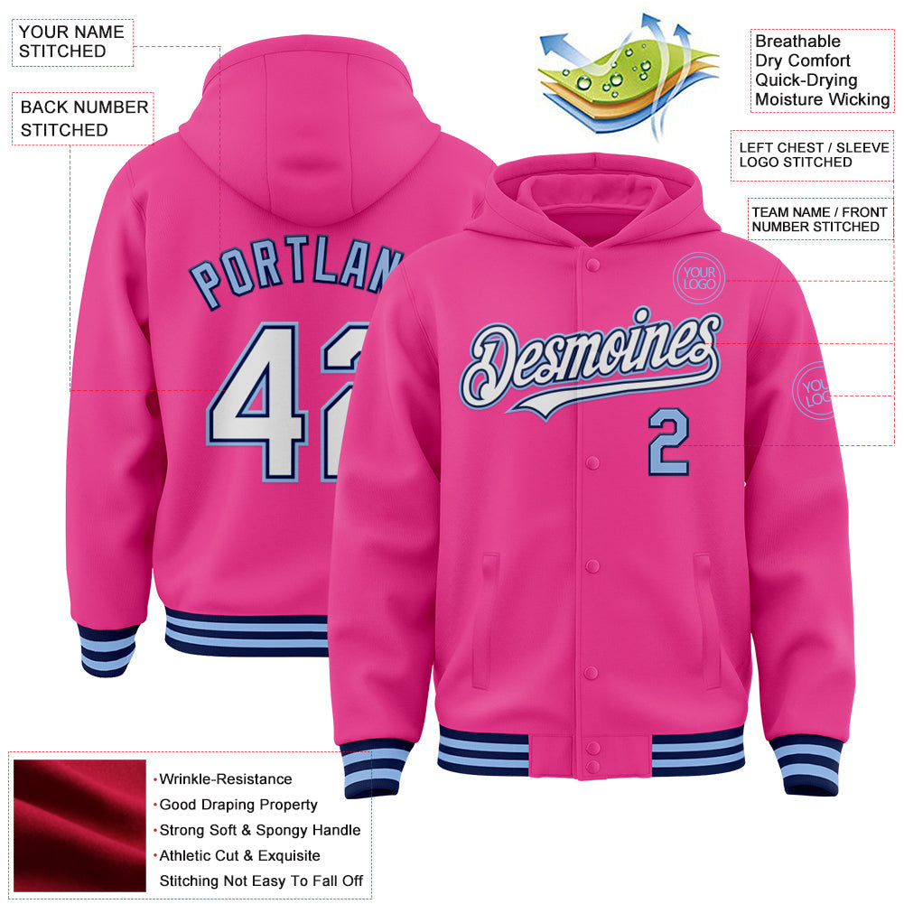 Custom Pink Navy-Light Blue Bomber Full-Snap Varsity Letterman Hoodie Jacket view 3