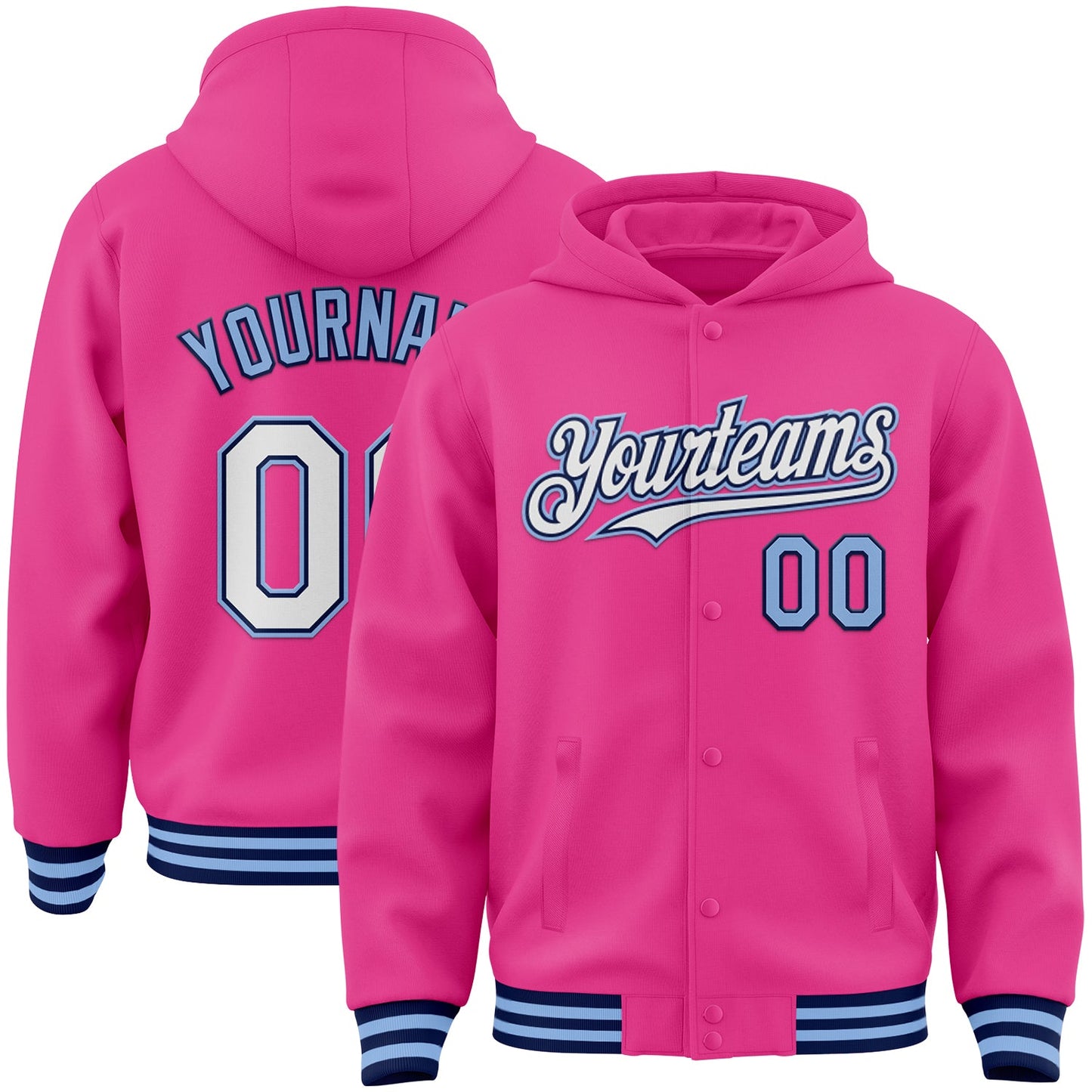 Custom Pink Navy-Light Blue Bomber Full-Snap Varsity Letterman Hoodie Jacket - Main View