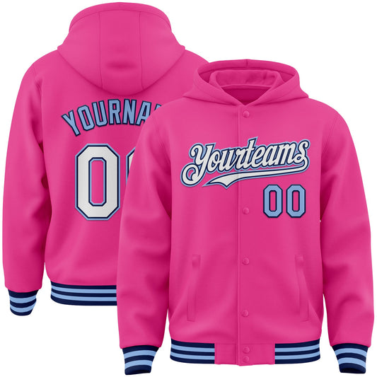 Custom Pink Navy-Light Blue Bomber Full-Snap Varsity Letterman Hoodie Jacket - Main View